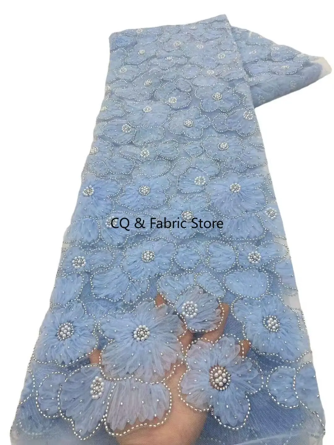 New 3D Mesh Plate Flower Sequin Beaded Embroidered Lace Fabric Wedding Evening Dress Designer Fabric Handmade DIY