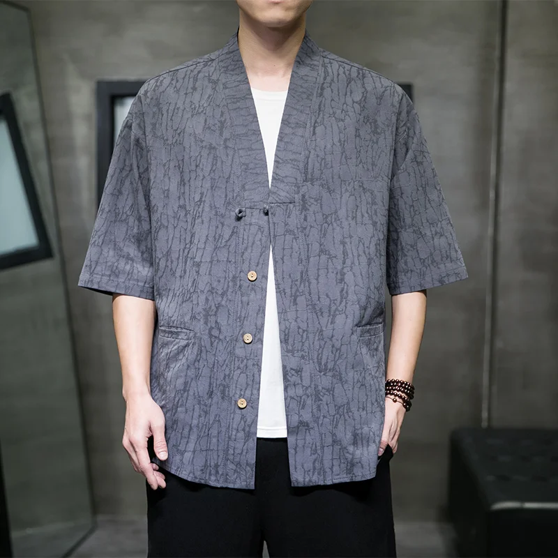 

Shirts Men Japan Samurai Traditional Casual V-neck Top Men Summer Kimono Retro Fashion Harajuku Linen Cotton Shirts Clothing Men