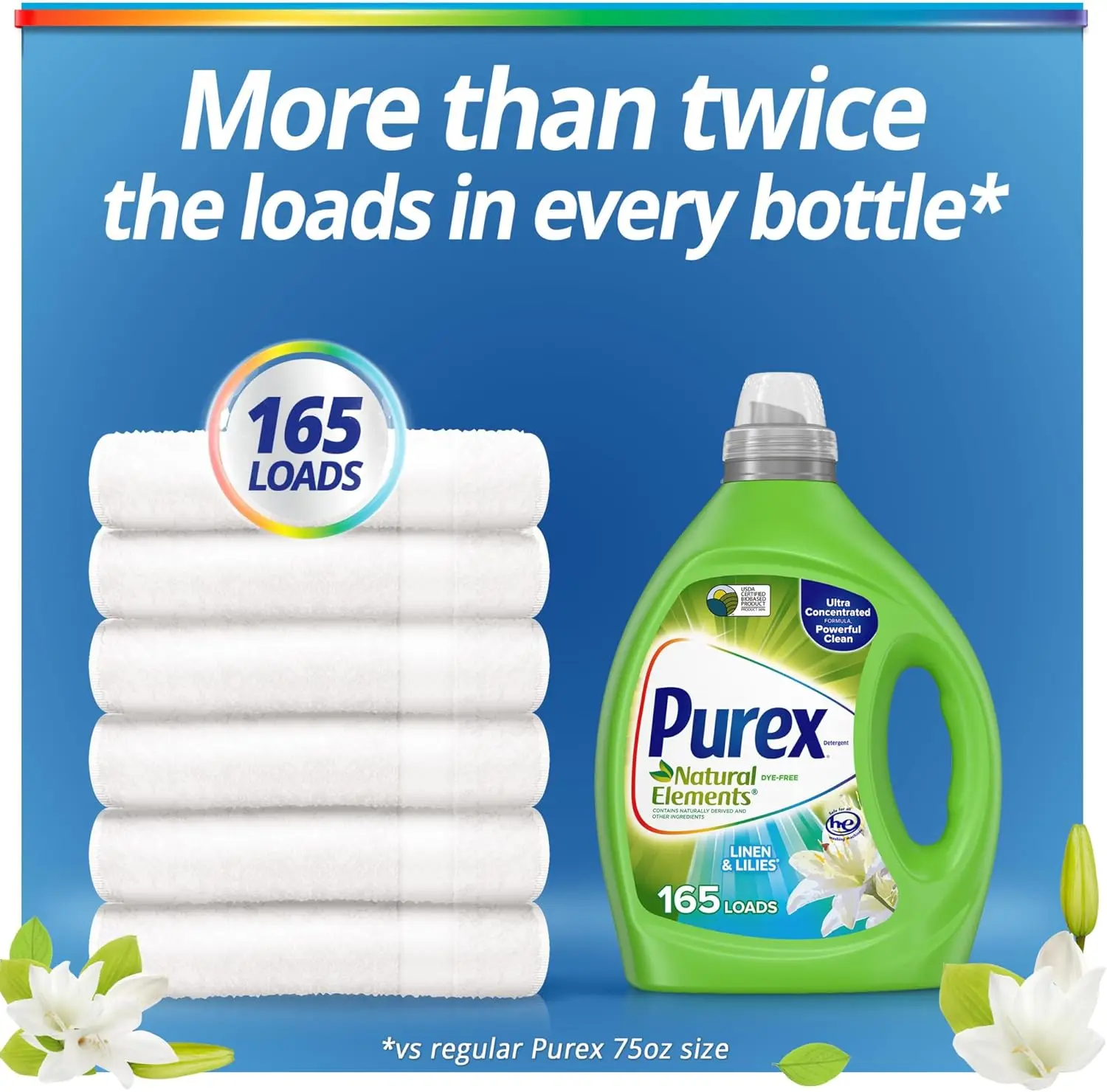 Natural Elements Fresh Lilies & Linen Liquid Detergent, 82.5 oz, 165 Loads, Ultra-Concentrated, Dye-Free, USDA Certified Biobase - view 6