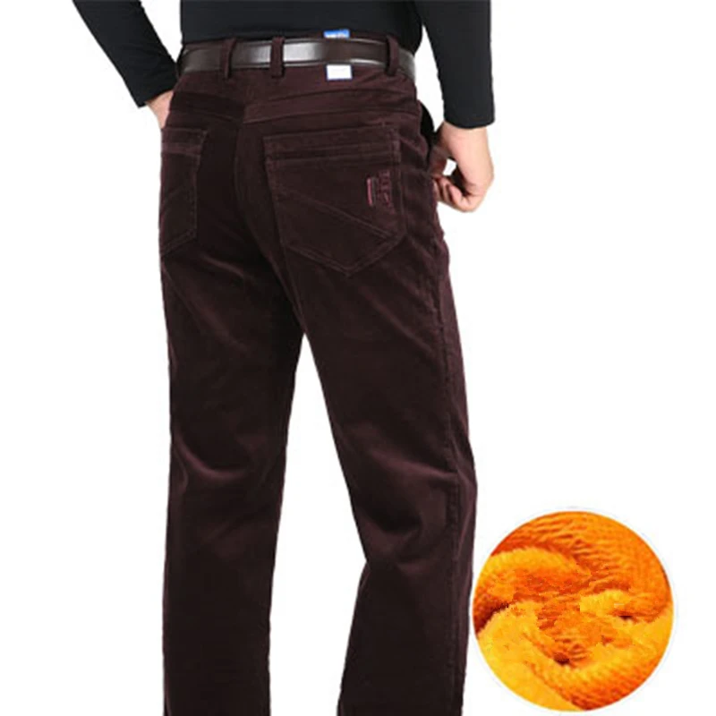 Corduroy Fleece Thicken Warm Winter Pants Men brown Casual Pants Straight  Loose black khaki Trousers for male Plus Size 40 42
