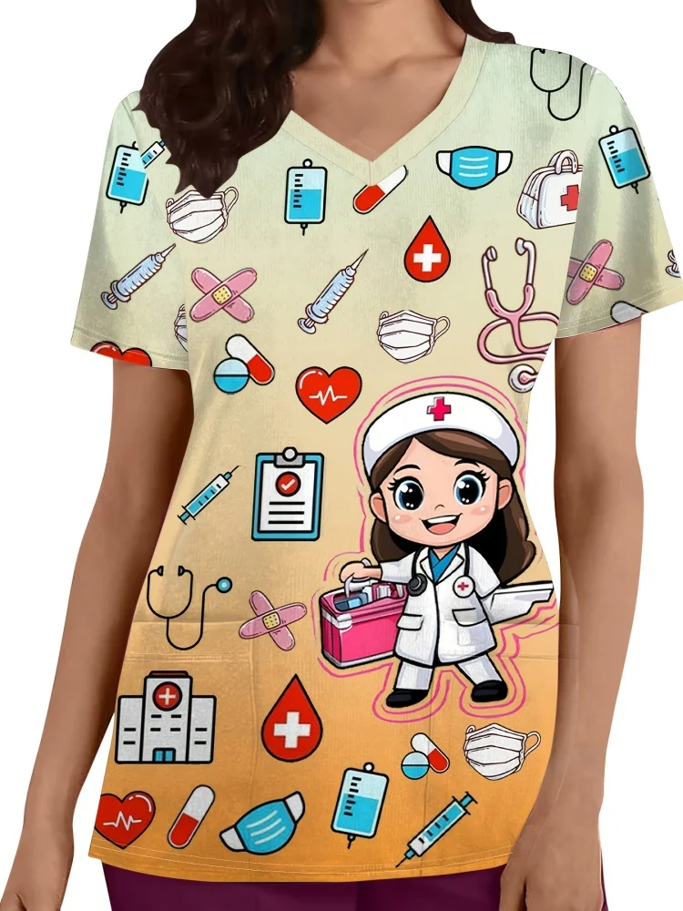 

Funny Dog and Cat Print Surgical Uniforms Woman Micro-Elastic V-Neck Women's Scrub Short-Sleeve Patch Pocket Clinical Uniform