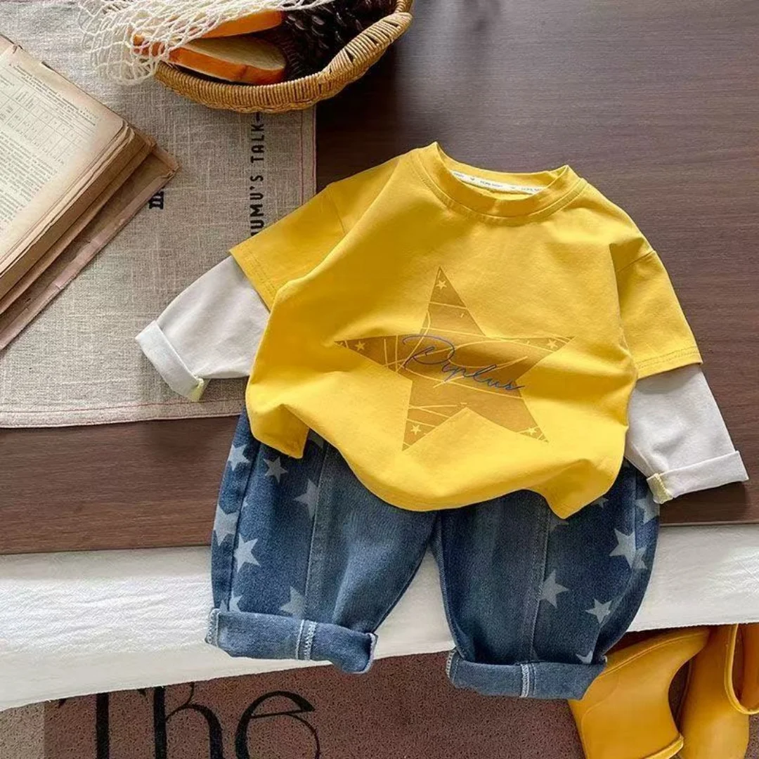 Boys' Autumn Set New Fashion Star Long Sleeve Cotton Fake Two Piece Top T-shirt+Children's Jeans 2Pcs Children's Clothing