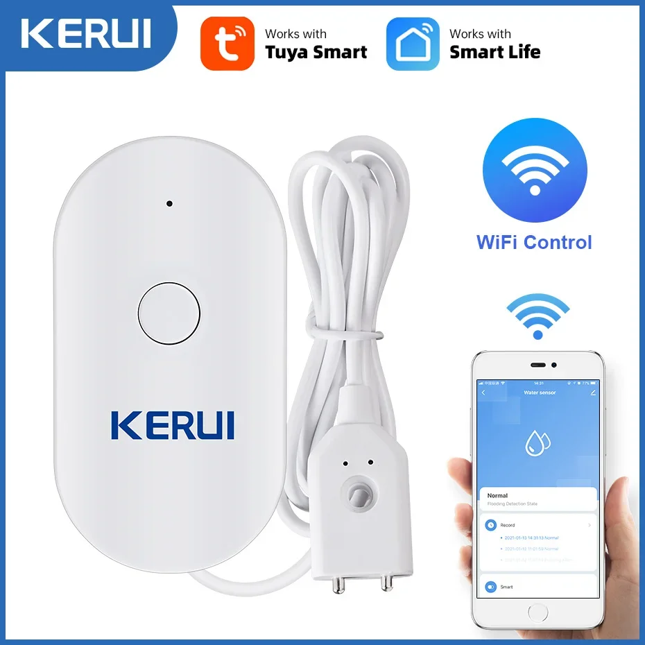 KERUI WiFi Watersensor Smart Home Keuken Waterlekdetector Tuya APP Monitoring van lekken Telefoonmelding Beveiligingsalarm