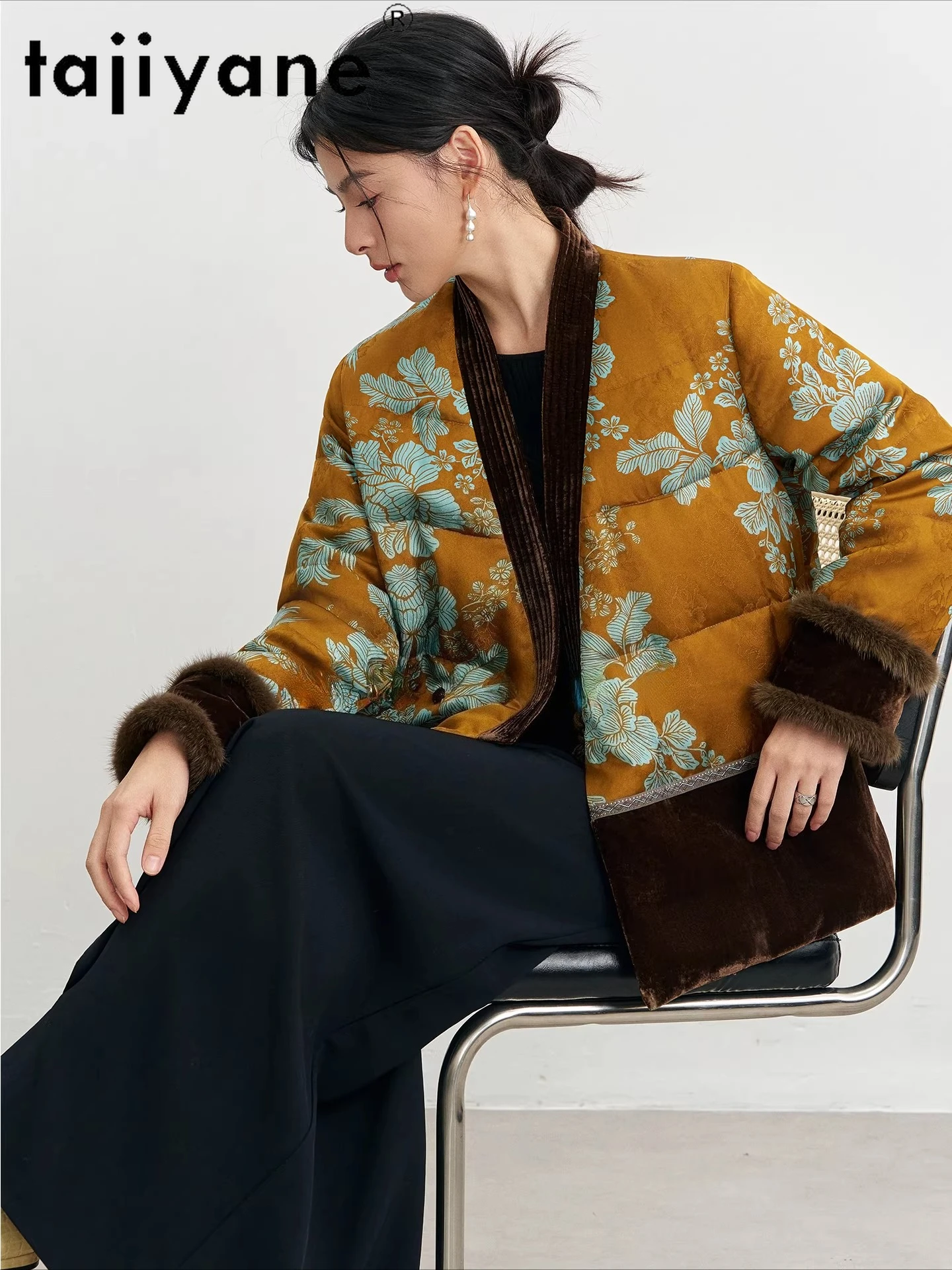 TAJIYANE 90% ganzendons jas dames luxe jacquard donsjassen met nertsenbont manchetten korte puffer jassen 2025 winterkleding  soi