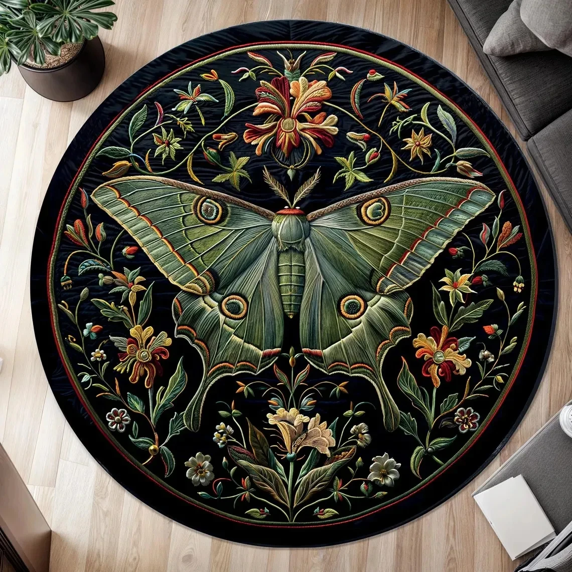 Retro Bohemian Style Floral and Animal Round Rug, Non-slip Floor Mat for Living Room, Bedroom, Bathroom, Holiday Home Decoration