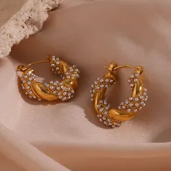 Shiny Crystal Paved Twisted Rope Style Rhinestone Hoop Earrings For Women Stainless Steel Chunky Statement Hoop Earring