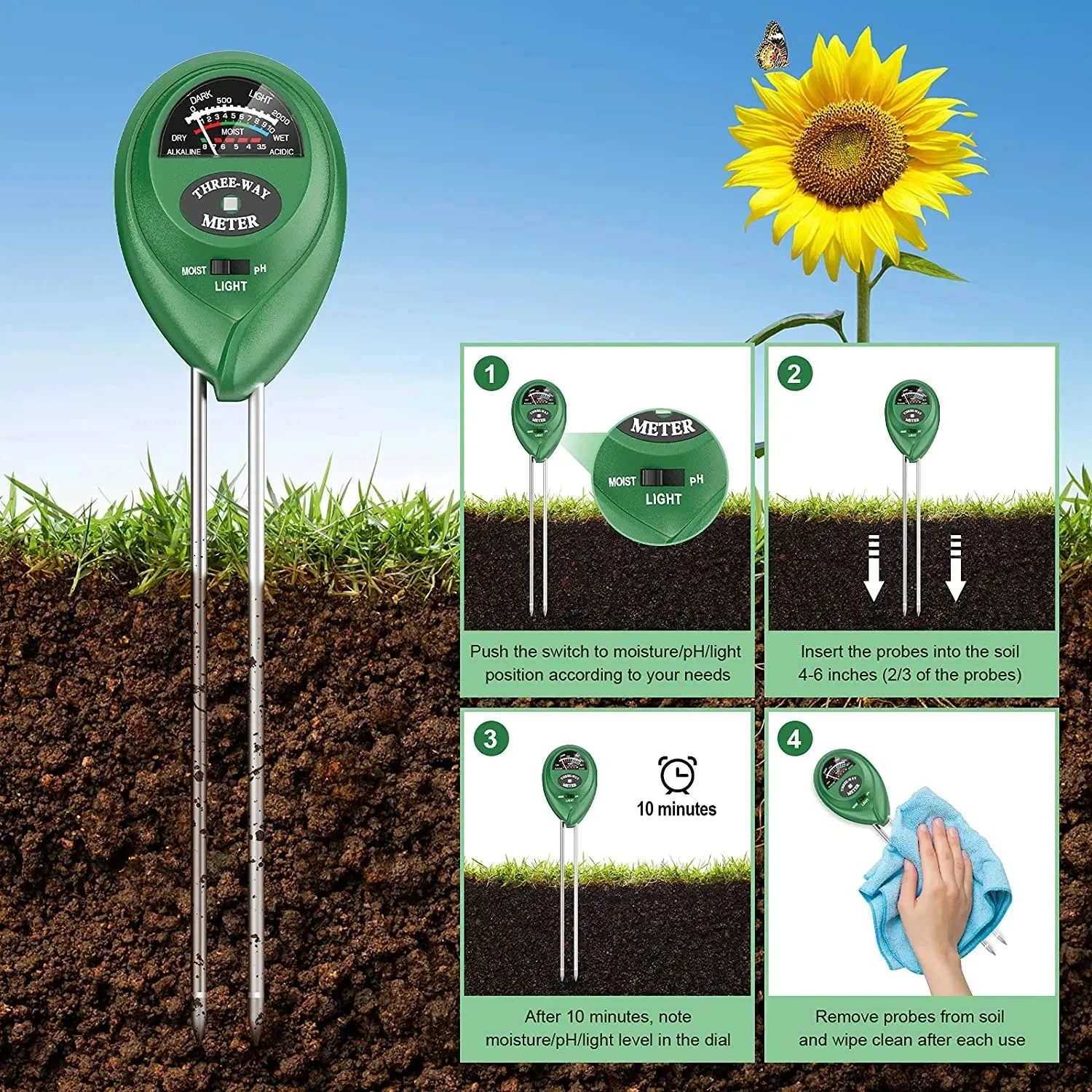 3 In1 Soil Moisture Sensor Meter Soil Water Moisture PH Measuring Tool Garden Plant Acidity Humidity Sunlight Test Instrument