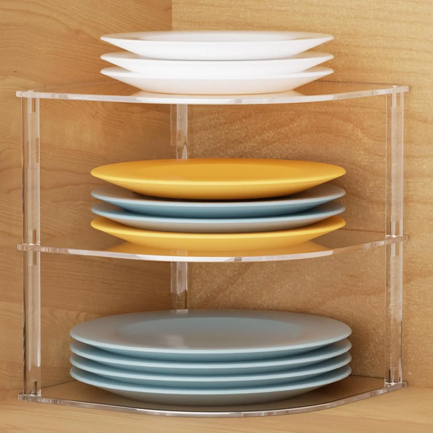 

Acrylic Plate Organizer for Cabinet Countertop Corner, Clear Dish Storage Rack with Space-Saving Design