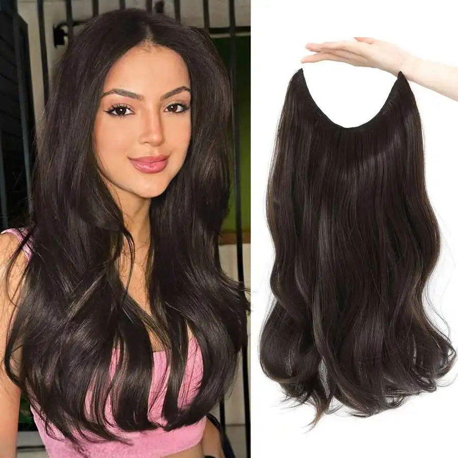 Megito Hair Extensions, 18 Inch Body Wavy Halos Hair Extension, Synthetic Fiber Halos Extensions Hair Extensions Clip In Hairpiece With Transparent Wire Adjustable Size 2 Secure Clips