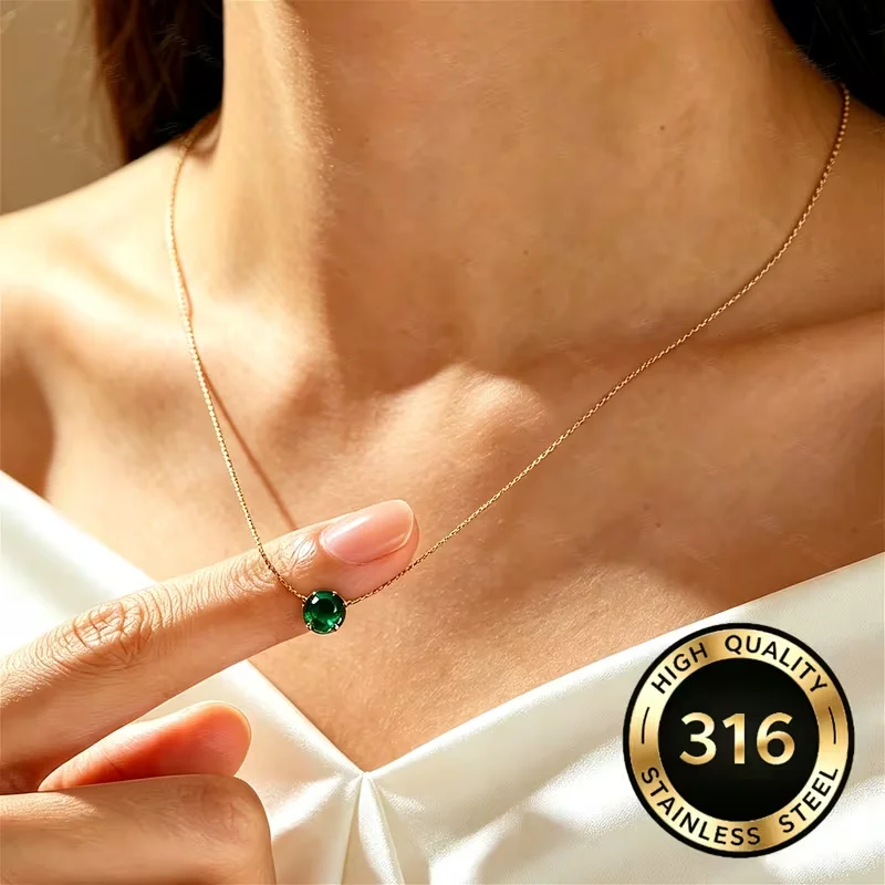 Elegant Women Green Dainty Zirconia Charm Pendant Necklace Stainless Steel Clavicle Choker Anti Tarnish Anniversary Jewelry Gift