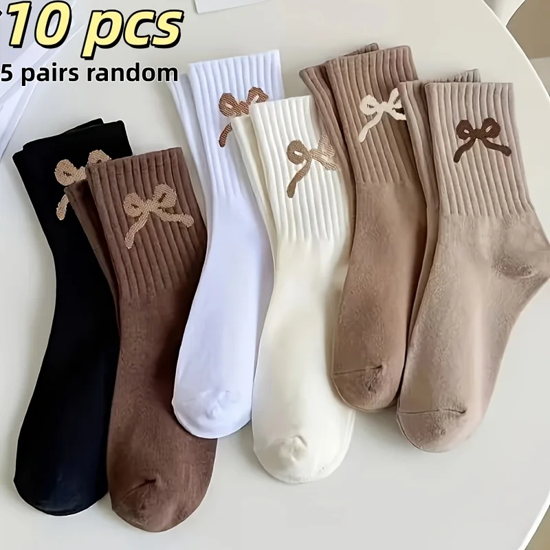 10 Pairs of Women'S Mid-Tube High Elastic Compression Socks with Bow Socks, Sporty,Casual,Cute And Fashionable Socks