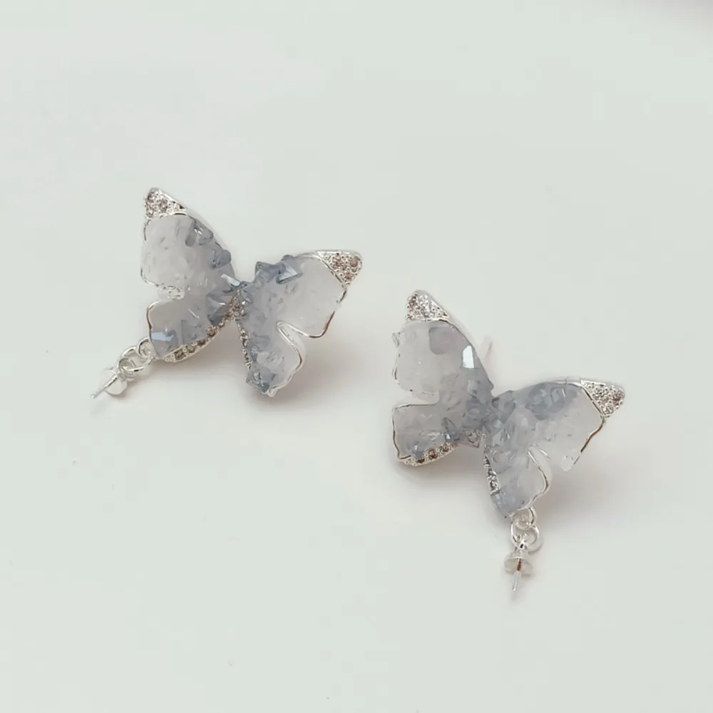 14K Copper-plated Thick Silver Small Crushed Stone Butterfly Earrings, Light Luxury, Elegant and Unique S925 Stud Earrings