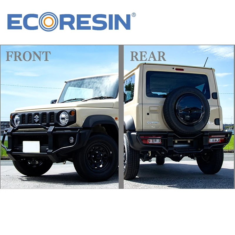 Suzuki Jimny JB64 JB74 Bull Bar Frontstoßstange und hintere Stoßstange – Offroad-Zubehör aus schwarzem Stahl im Land Rover Defender-Stil