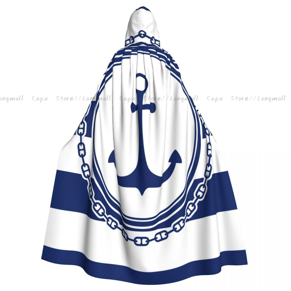 Emblem Anchor And Chain On Striped Background Hooded Cloak Coat Halloween Cosplay Costume Vampire Devil Wizard Cape Gown Party