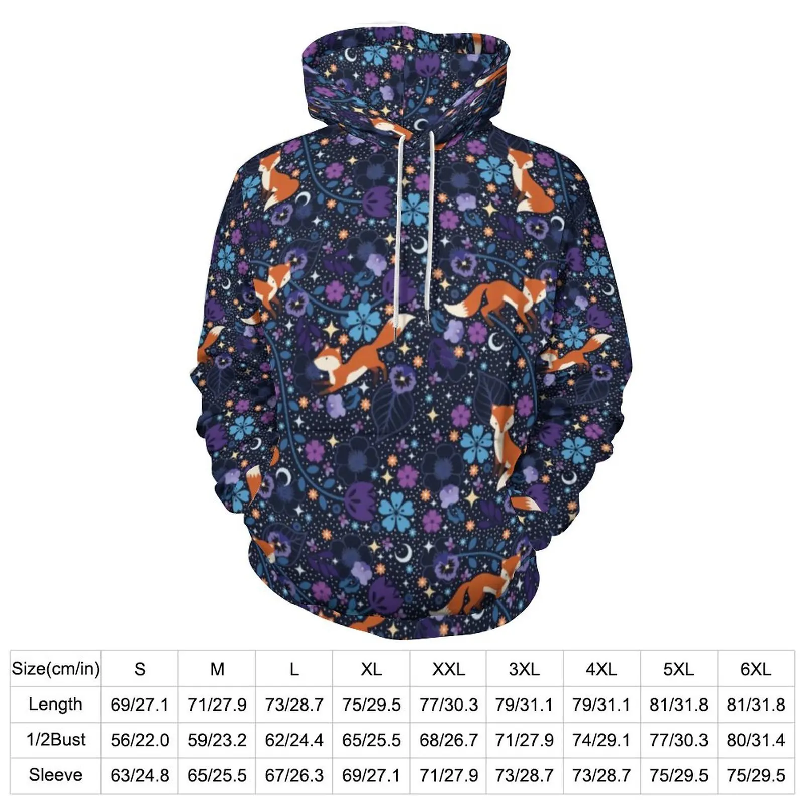 Dreamy Folk Fox Hoodies Long Sleeve Blue Floral Print Cool Casual Hoodie Winter Fashion Oversize Pattern Loose Sweatshirts