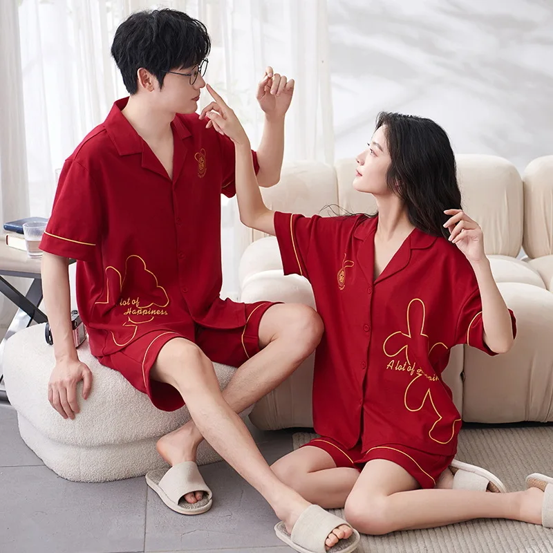 Pijama Rojo de algodón para hombre y mujer, conjunto de ropa de dormir para pareja recién nacida, pantalones cortos de manga corta, Verano