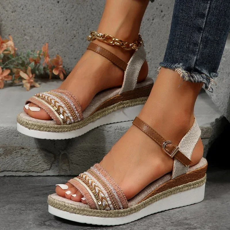 Sandalias de plataforma con flecos Vintage para Mujer, Sandalias informales con cuña marrón, Sandalias planas con decoración de hebilla para Mujer