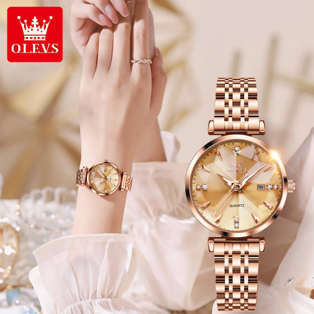 OLEVS Luxury Quartz Watch Women Rose Gold Solid Stainless Steel Strap Rhombus Design Elegant Original Brand Ladies Wristwatch