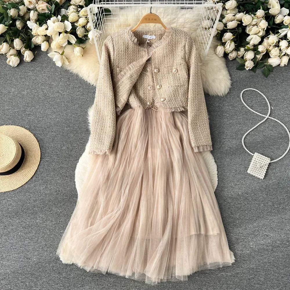 Chic Women Two-Piece Sets Basics O-neck Coat and Casual Sleeveless Straps Mesh Dresses French High Street Autumn Winter Clothing