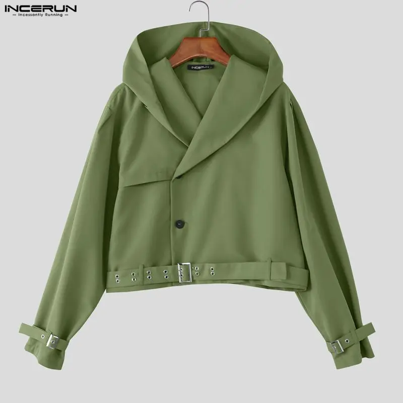 

INCERUN мужские куртки однотонные с капюшоном и длинным рукавом на пуговицах мужские тонкие пальто уличная одежда свободные модные повседневные укороченные куртки мужские S-5XL