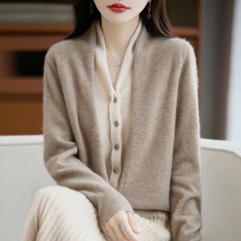 

Женский кардиган из чистой шерсти, вязаный свитер с v-образным вырезом и длинными рукавами, искусственный дизайн из двух предметов, элегантная осенне-зимняя верхняя одежда ​