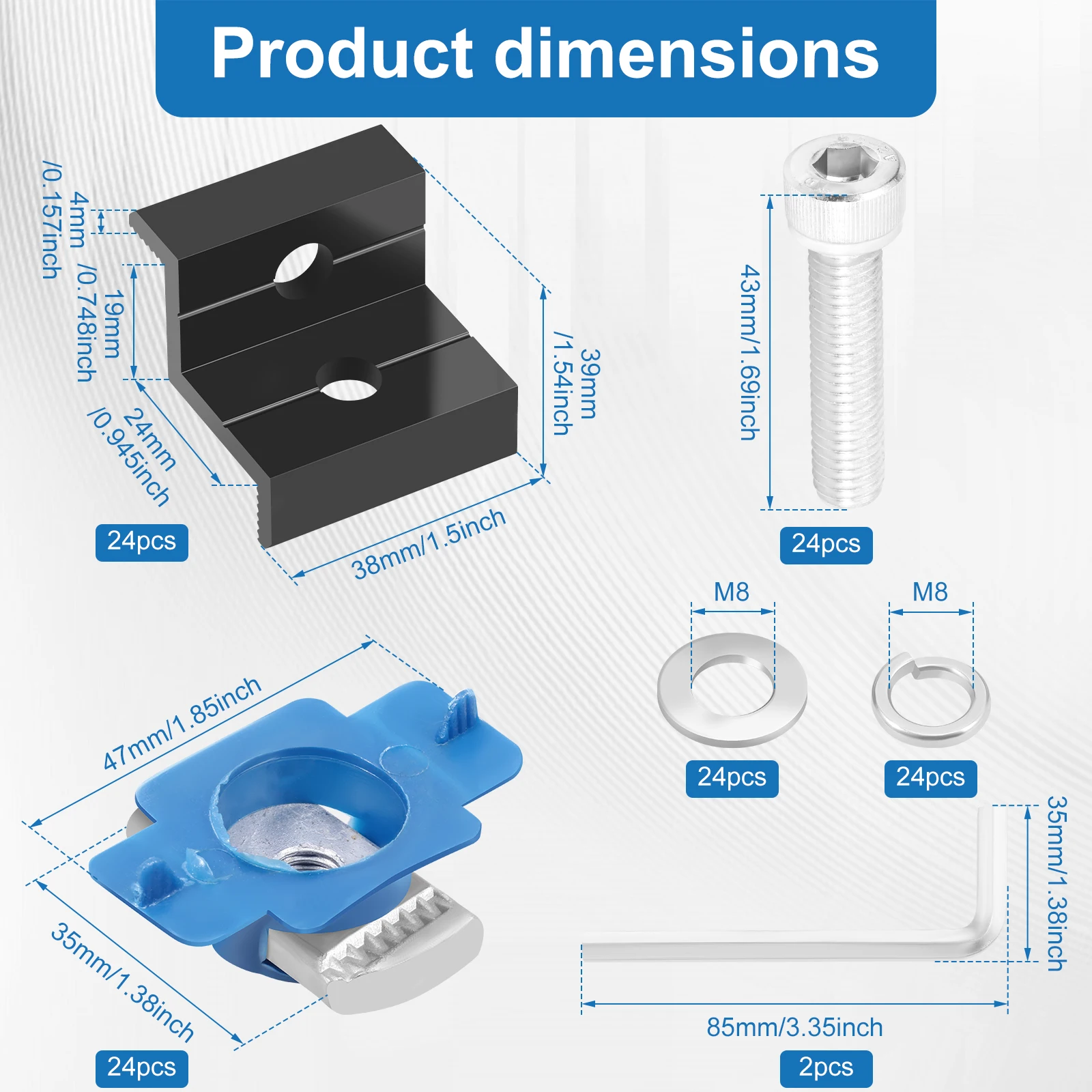 Solar Panel End Clamp 24pcs 30mm 35mm Aluminum Mounting Bracket Black Dual Hole Z Bracket RV Roof Rail Photovoltaic Accessories