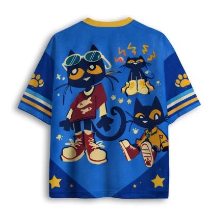 Cool Cartoon Black Cat Group Graphic Mesh V Neck T-shirt Men Streetwear Summer Short Sleeve Top
