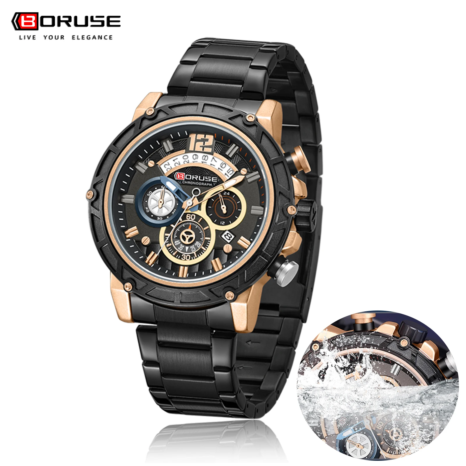 BORUSE  Top Brand Fashion Business Watches for Men\'s Waterproof Stainless Steel Quartz Analog Wristwatches Luminous Clock