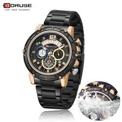 BORUSE  Top Brand Fashion Business Watches for Men's Waterproof Stainless Steel Quartz Analog Wristwatches Luminous Clock