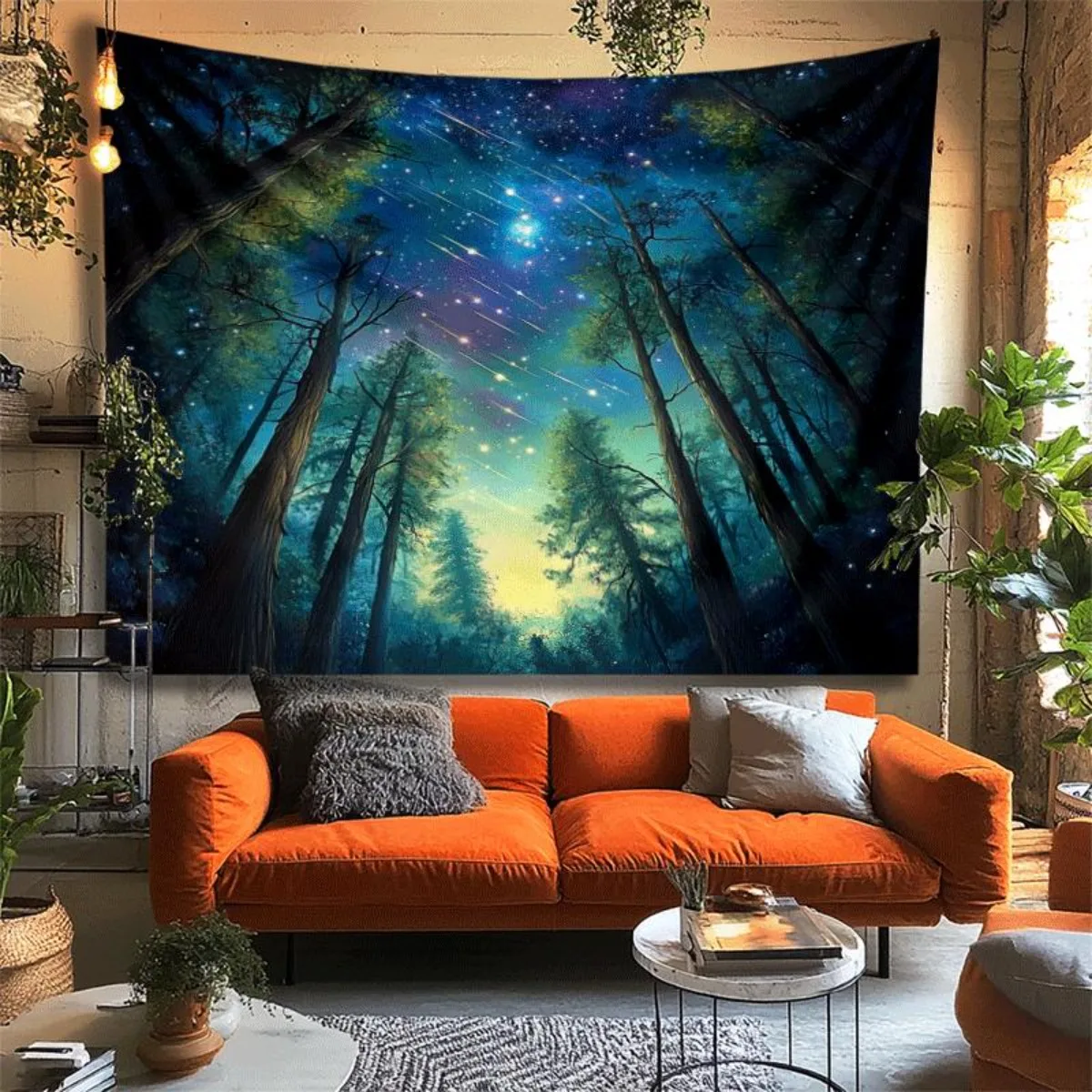 Starry Night Forest Sky Wall Tapestry 2D HD Print Nature Landscape Decor Cosmic Art Home Interior Design Boho Living Room