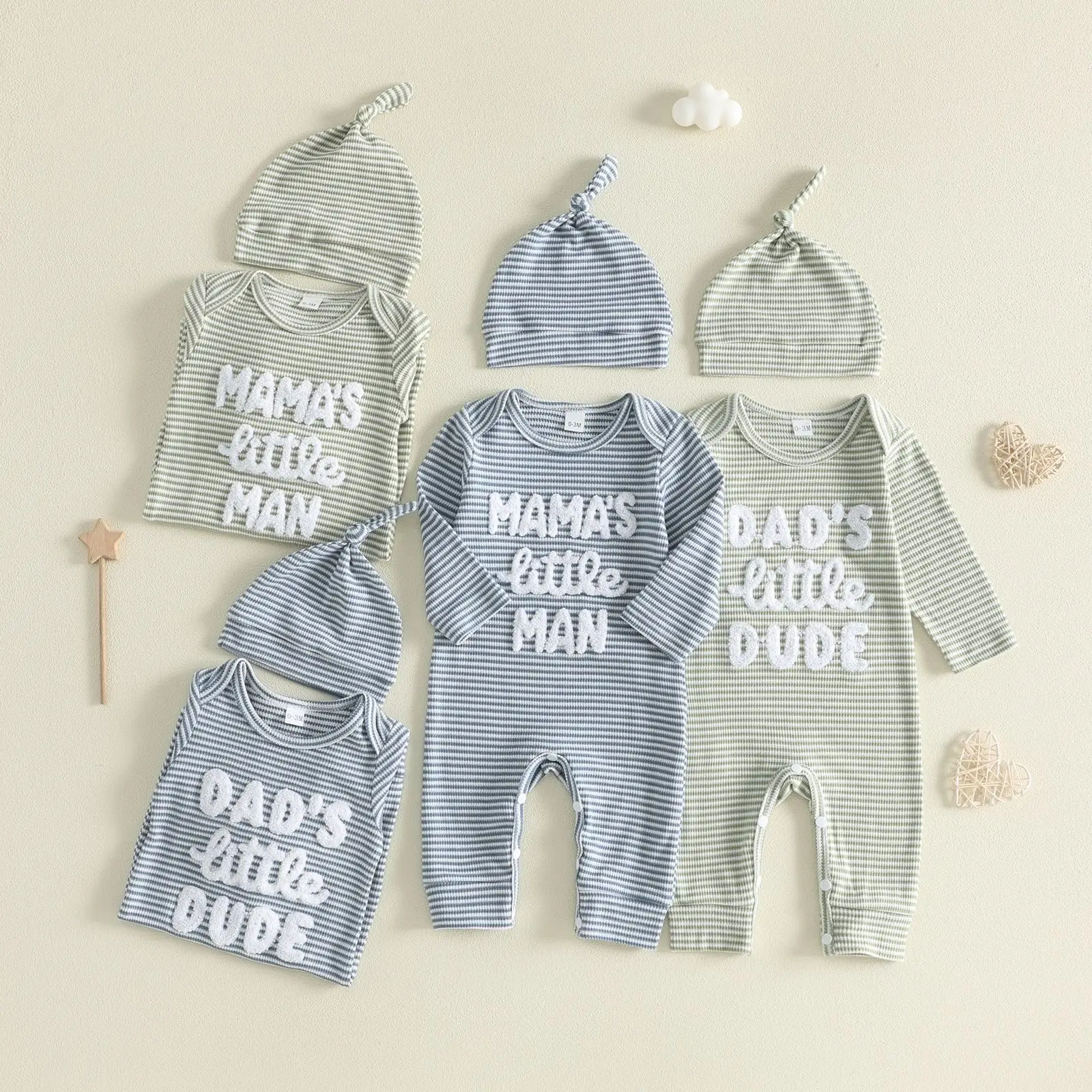 Somenie Children's casual waffle pattern letter embroidered striped long sleeved jumpsuit with long climbing clothes and hat