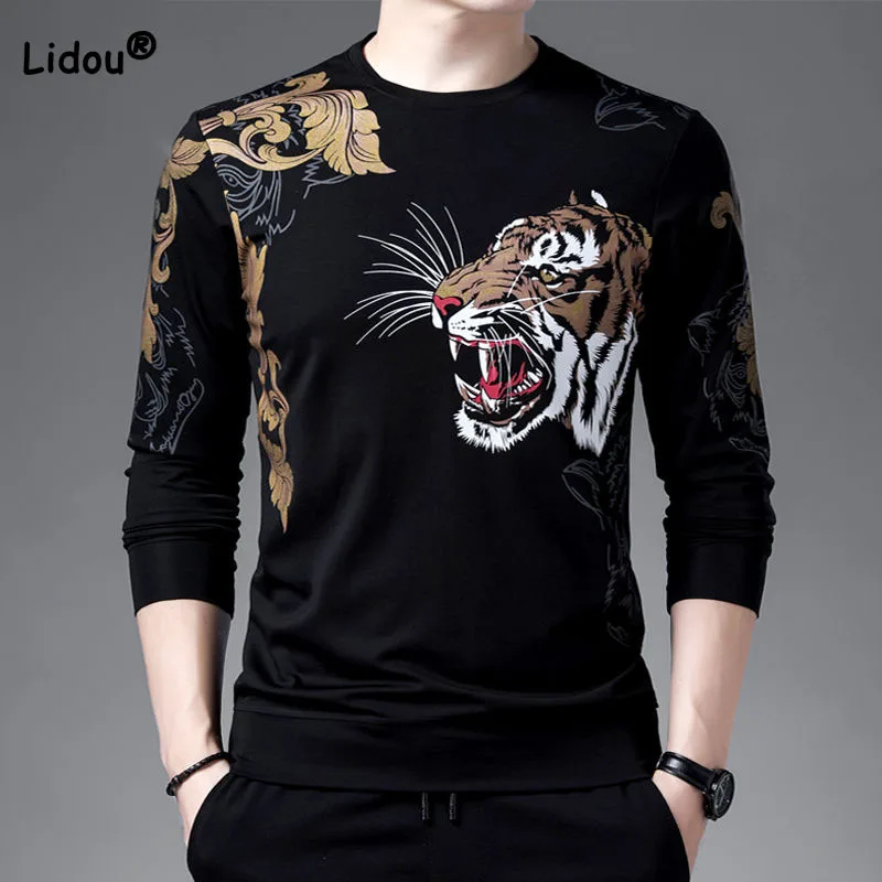 Fashion Printed Spliced Long Sleeve Men's T-shirt 2023 Spring Autumn Trend Round Neck Casual Comfortable Tops Male Clothes New