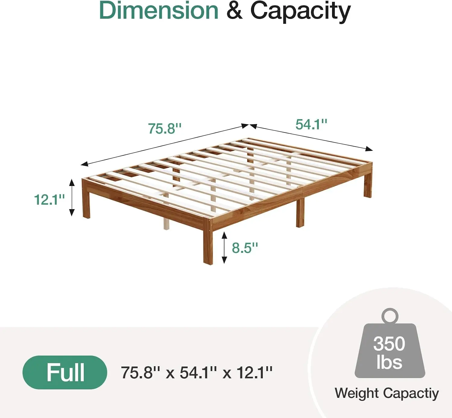 12 Inch Full Size Classic Solid Wood Platform Bed Frame, Wooden Bed Frame with Sturdy Wood Slat Support, No Box Spring Needed, Easy Assembly