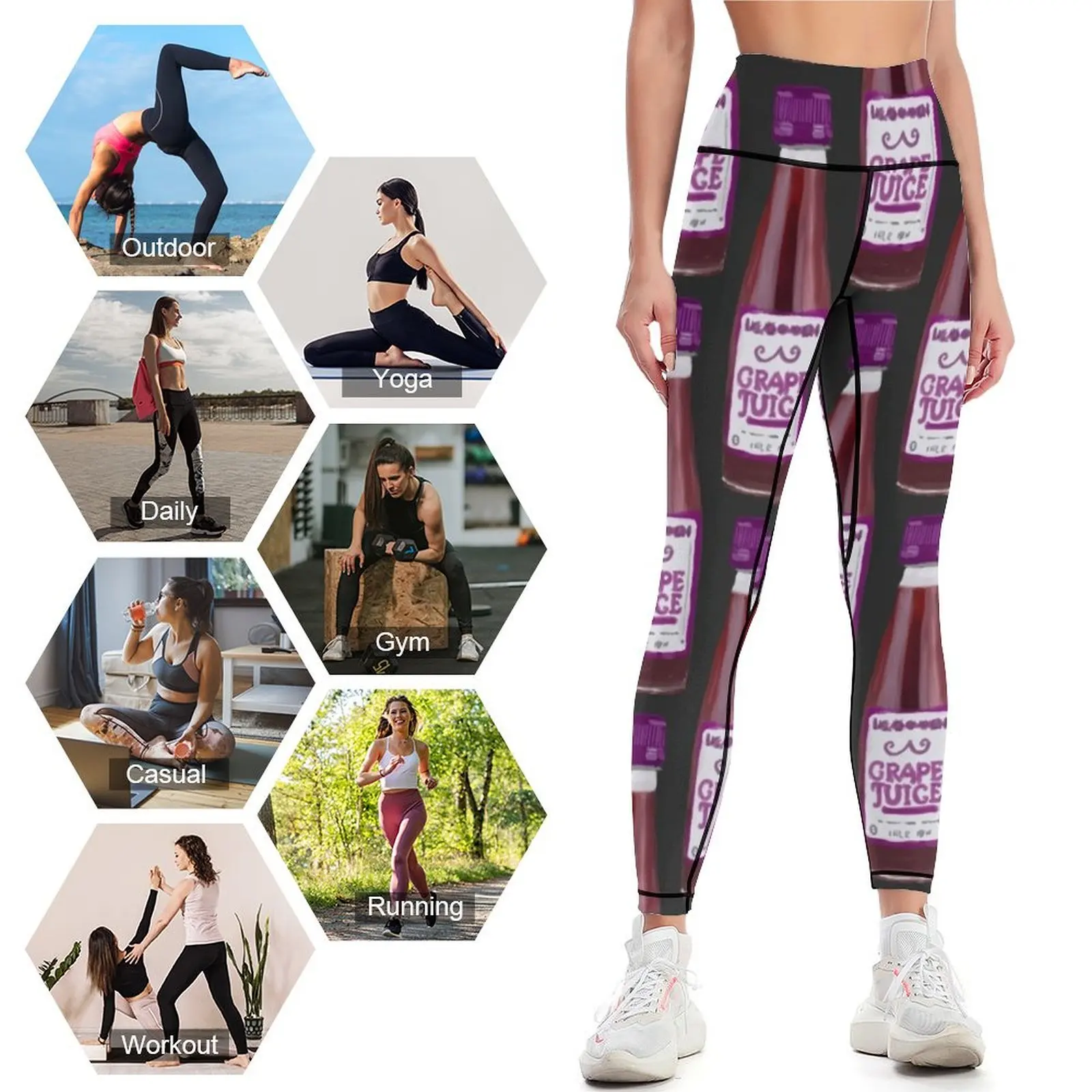 Leggings esportivos push-up femininos, suco de uva e leggings infantis