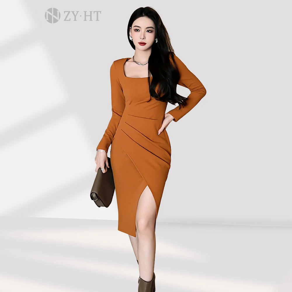 Yellow dress for women, new style for early spring, long sleeves, temperament, slim, Hepburn style, square collar long dress