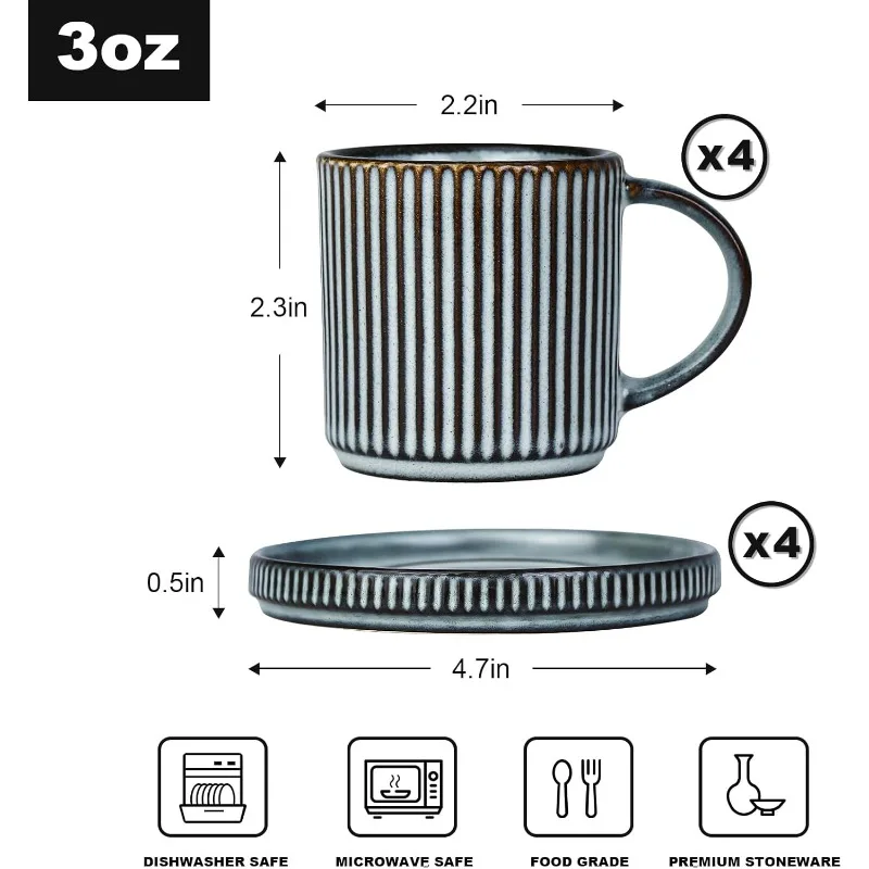 Star Espresso Cups and Saucers Set of 4, [ Mini ] 3 oz Ceramic Small Coffee Mug with Handle, Ribbed Stoneware Demitasse Cup