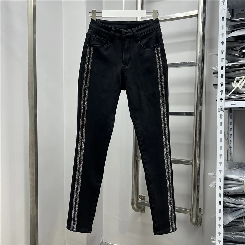 Thicken Fleece High Waist Denim Pencil Pants for Women 2023 New Autumn Winter Side Hot Drilling Slimming Trousers Black Jeans