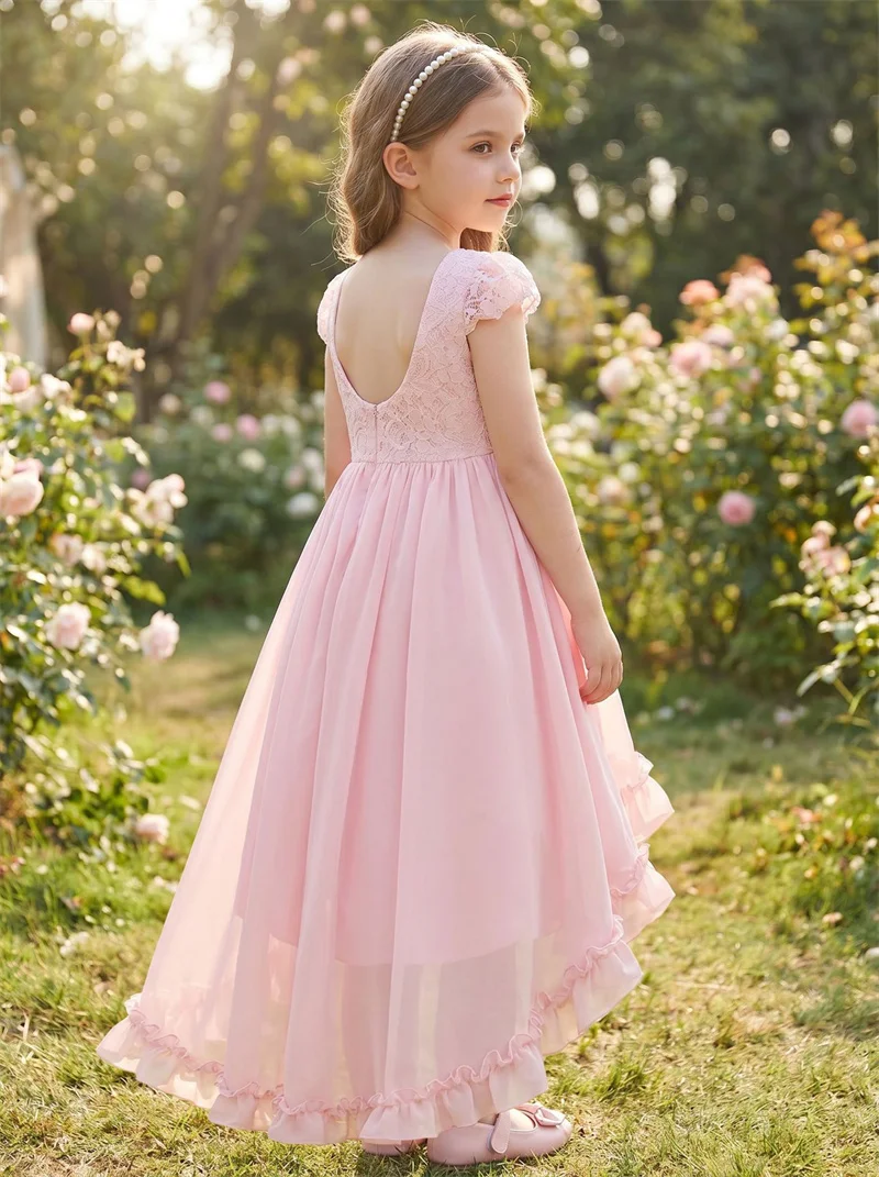 Cute Ruched Pink Girl Dresses Front Short Long Back Princess Sleeve A-Line Kids Birthday Party Long Dresses For Wedding