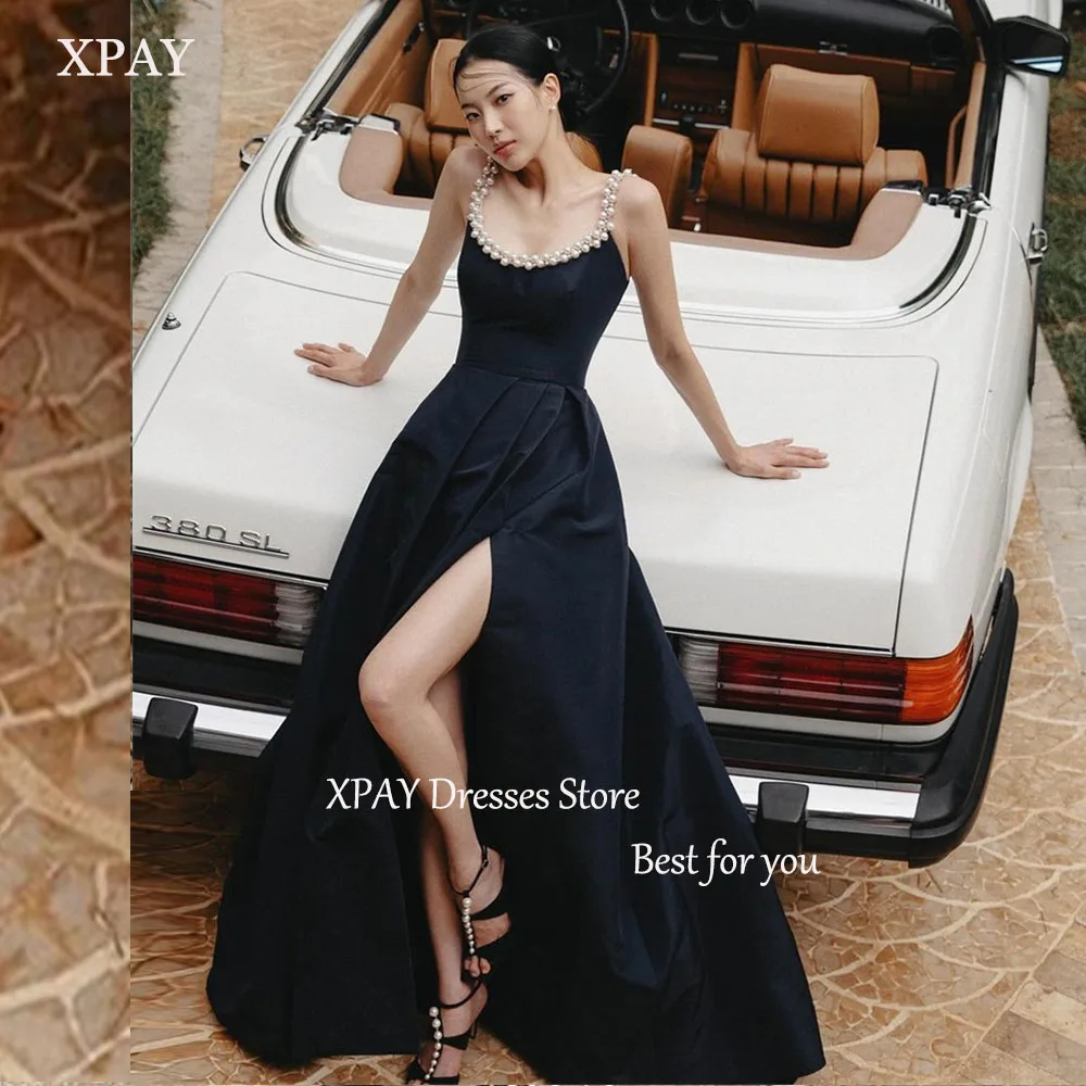 

XPAY Black Pearls Wedding Dresses Gorgeous Scoop Collar Sleeveless Bridal Gown Side High Slit A-line Wedding Photo Shoot Dresses