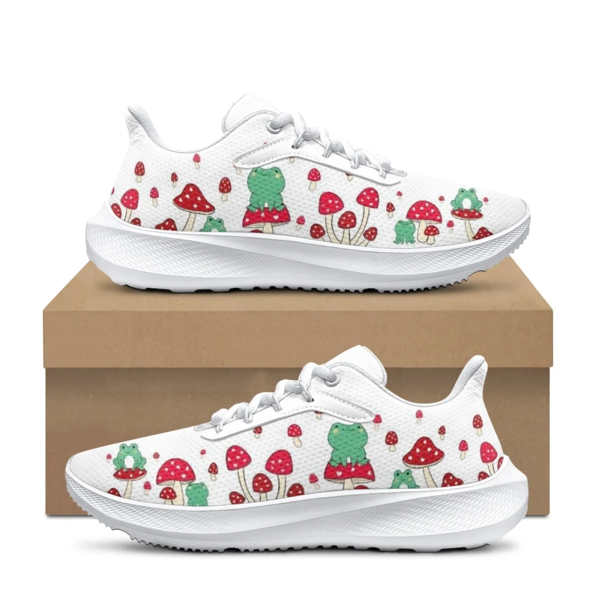 Cute Frog Mushroom Print Ladies Sneakers Wear-resistant Comfortable Lightweight Lace-Up Shoes Girls Teens Non-Slip Walking Shoes