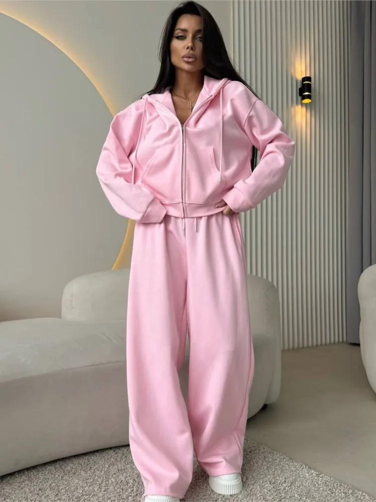 

Hooded Sweatshirt Two-piece Set For Woman Fashion Solid Color Lace-up Cardigan Coat Wide-leg Pant Suit Autumn Winter Lady Outfit