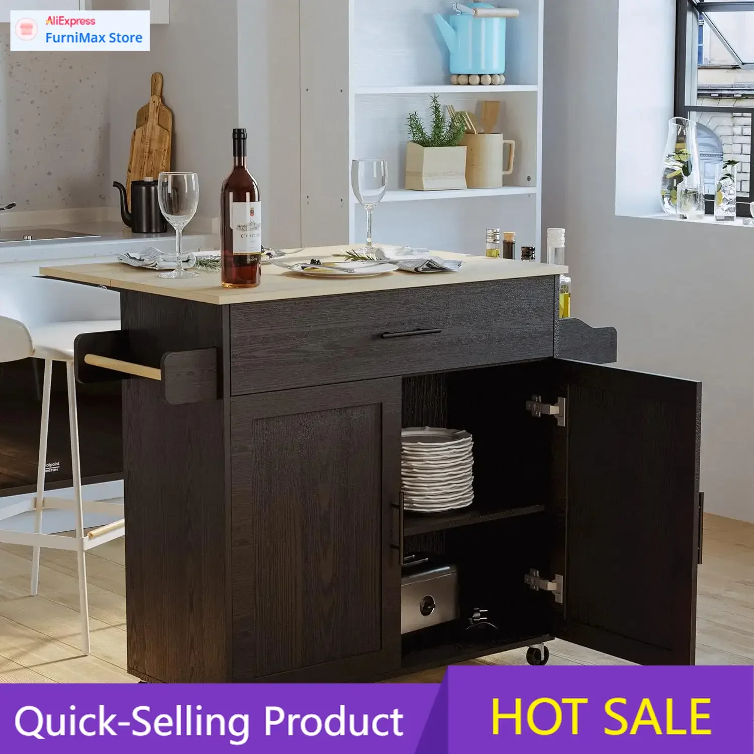 

Limited-time promotionRolling Kitchen Island with Drop Leaf, Storage, Drawer, and Spice Rack, 47.25 Wide