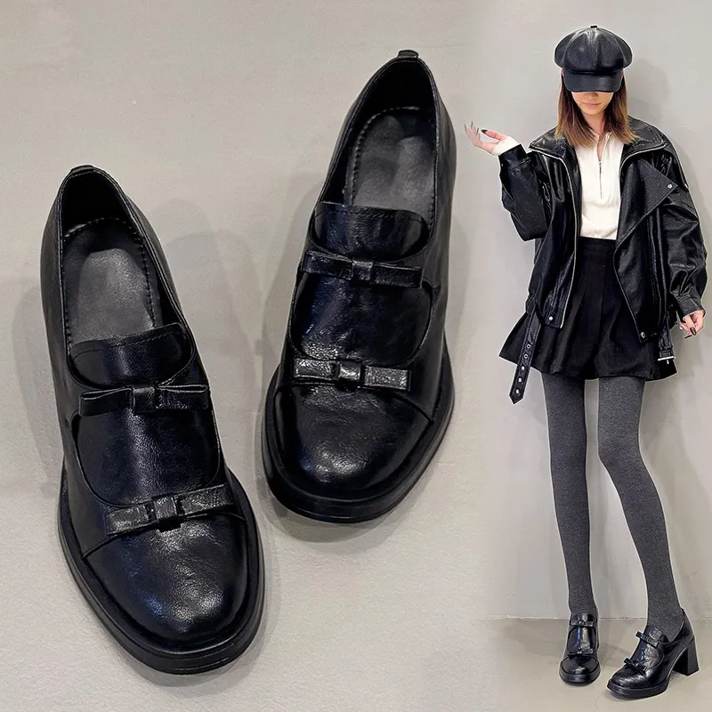 

High Heeled Leather Shoes Autumn New Round Toe Deep Mouth Bow Block Heel Single Shoes