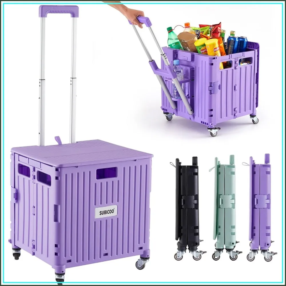 Foldable Utility Cart with 4 Swivel Wheels, 110 lbs Capacity, Collapsible Hand Truck for Grocery, Office, Storage, Purple