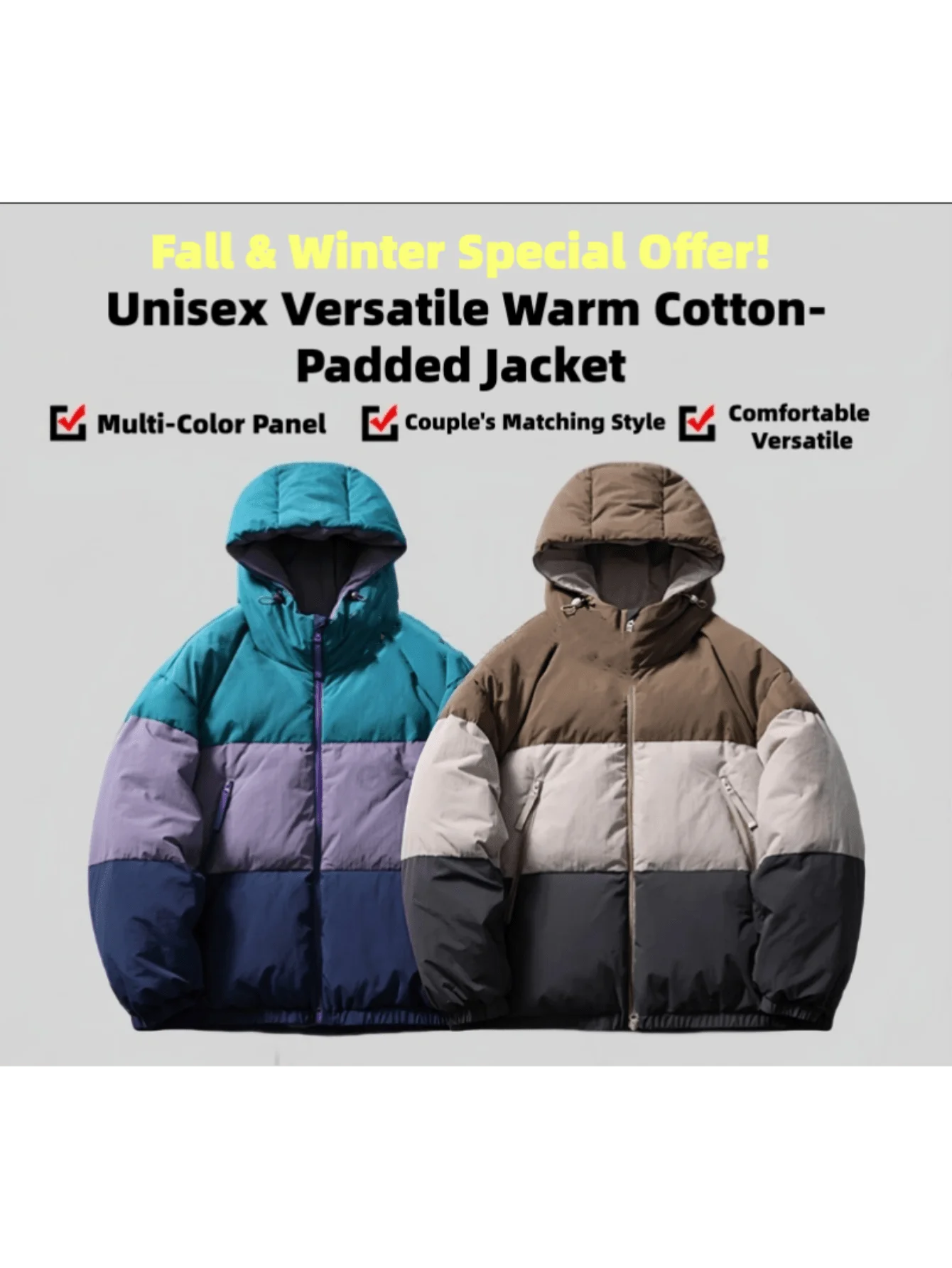 

Осень/Зима MustHave! Парная куртка-пуховик унисекс с капюшоном ColorBlock — теплая для поездок на работу, стильная, универсальная, повседневные даты, верхняя выборка