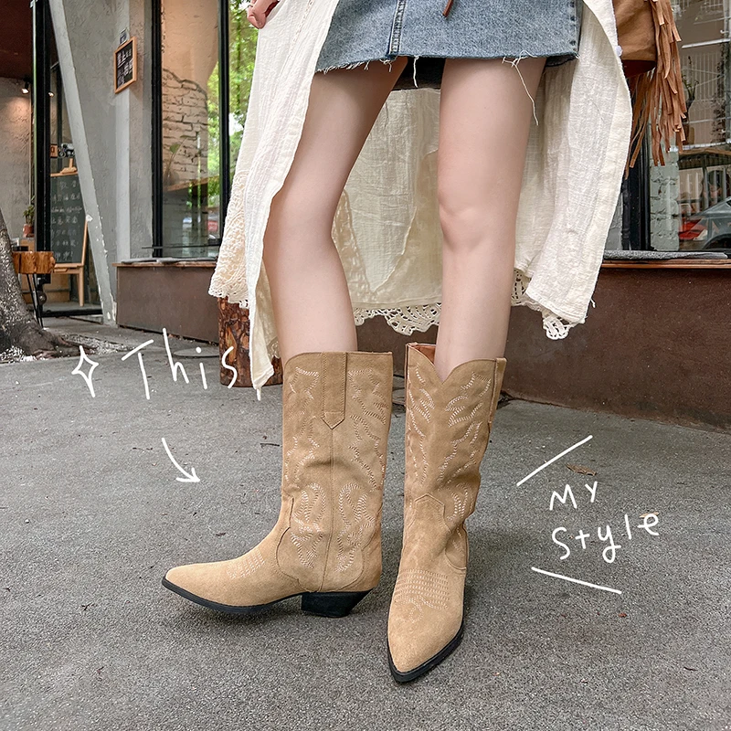 Wedge Heel Ankle Boots Women Winter Classic Chelsea Boots for Woman Cow Suede Pointy toe Cowboy Western Boots Embroidery Shoes