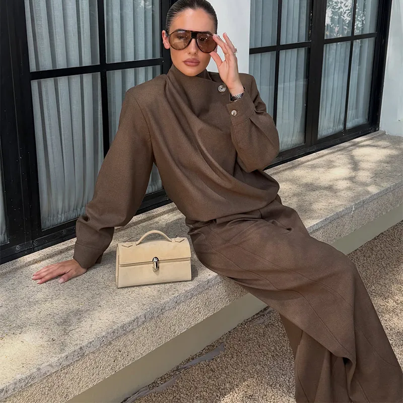 Mantel, Tube Top und Hose 3-teiliges Set für Damen, Sexy Laternenärmel-Jacke mit Reißverschluss, Gerüschte Lose Jacke, Hochgeschnittene Weite Hose, Outfit – Detail 15