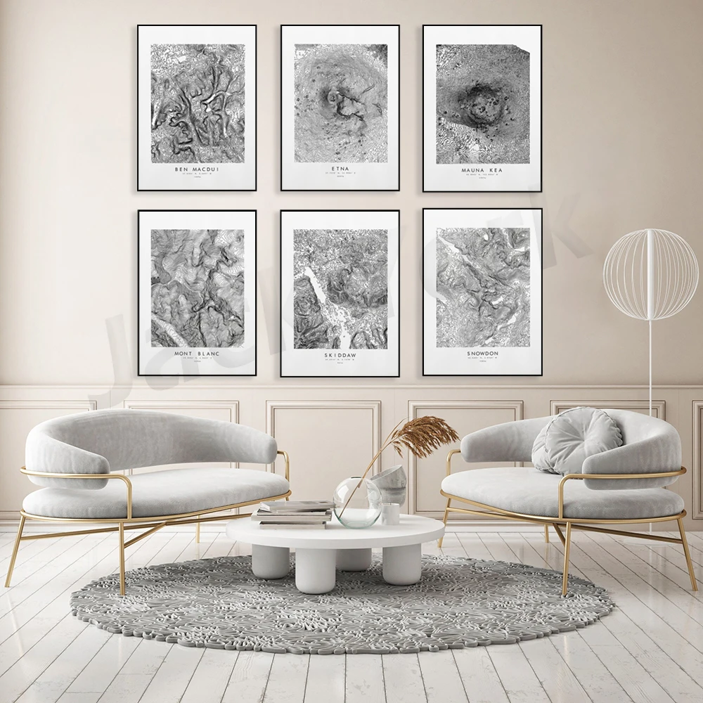 Mauna Loa ,Mauna Kea,Ben Macdui,Scafell Pike,Snowdon,Etna,Fuji,Mont Blanc,Matterhorn,Skiddaw Print | Topography Map Print