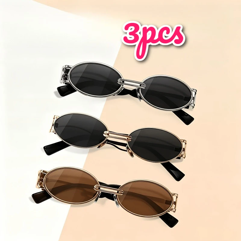 3Pcs Retro Unisex Fashion Sunglasses, Metal Frame Anti‑Glare Design, for Daily General Use