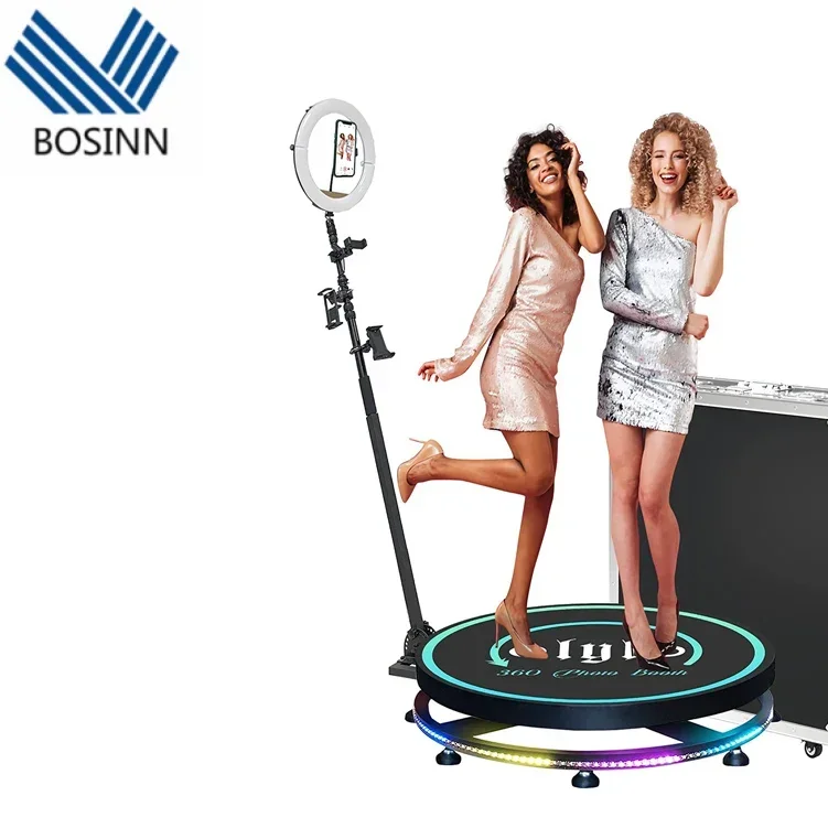 Photo Booth Machine with Selfie Stick Light Stand Automatic Spin Camera Booth with Trolley GOGO Stage Colorful Platform